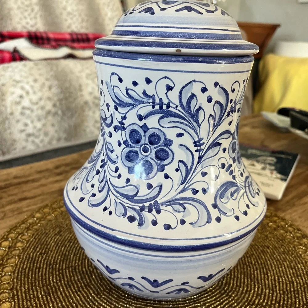 Italian Ceramic Blue White Jar with Lid